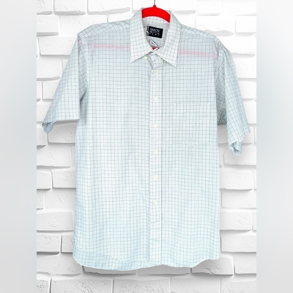 Arrow Kent Men’s Size 16 Short Sleeve White w/Black & Grey Checkered Plaid Shirt